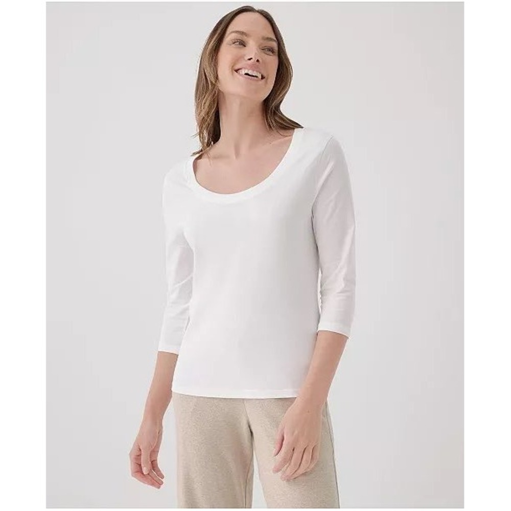 Pact Womens 3/4 Sleeve Tee L White Organic Cotton Scoop Neck Minimalist Top